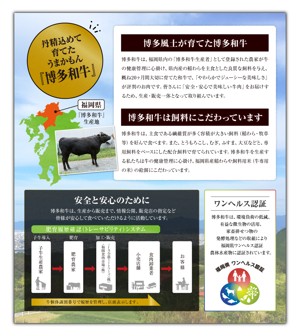 丹精込めて育てたうまかもん「博多和牛」うまかばい！博多和牛 博多風土が育てた博多和牛 博多和牛は飼料にこだわっています 安全と安心のために ワンヘルス認証